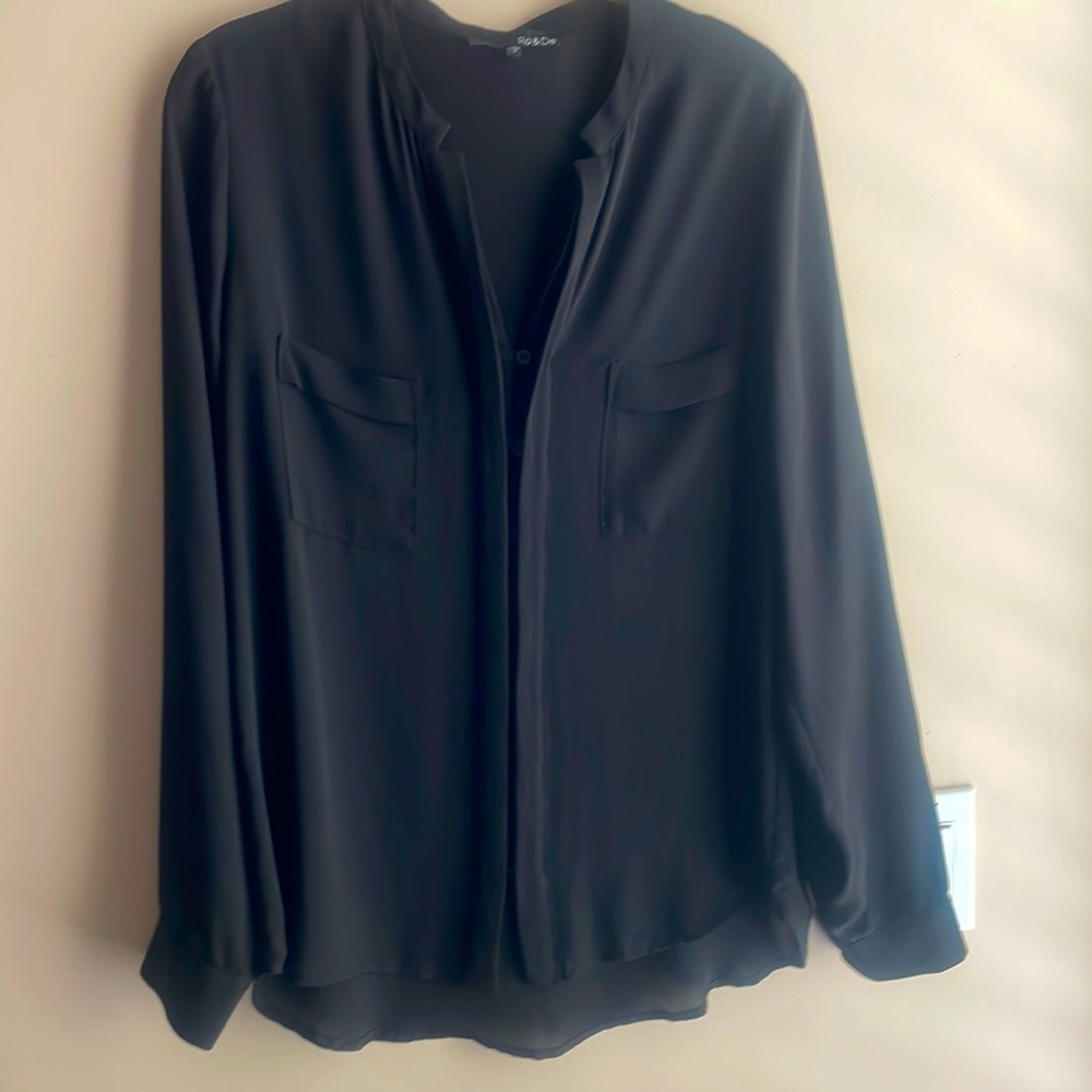 Black, covered button down blouse